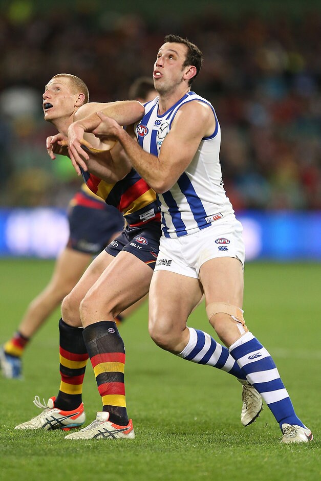AFL 2016 Rd 14 - Adelaide v North Melbourne ADELAIDE, AUSTRALIA - JUNE 23: Todd Goldstein of the Kangaroos clashes with Sam Jacobs of the Crows during the 2016 AFL Round 14 match between the Adelaide Crows and the North Melbourne Kangaroos at the Adelaide Oval on June 23, 2016 in Adelaide, Australia. (Photo by James Elsby/AFL Media)